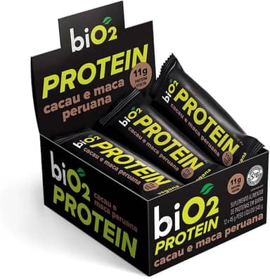 Barra de Proteína biO2 Protein Cacau, Maca Peruana e Pasta de Amendoim, Caixa com 12 unidades de 45 g, Vegana e sem Glúten