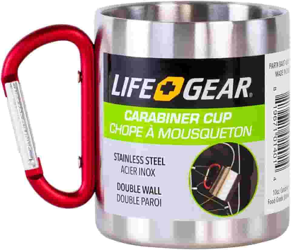 Life Gear Caneca de parede dupla de aço inoxidável com alça de mosquetão - Escalada portátil, caminhadas, mochilão ou copo de viagem para acampamento, 295 ml