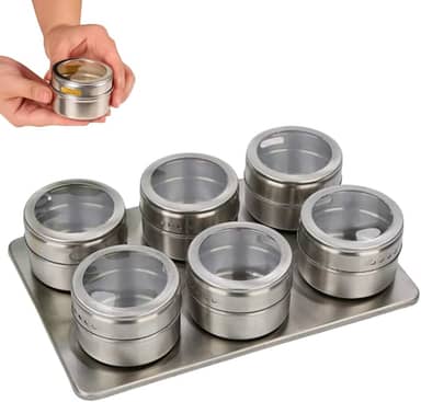 Porta Condimentos Temperos Magnético com Potes e Suporte Inox – Organizadores de Temperos com Visor, Ideal para Cozinha Moderna (Retangular 6 pcs)