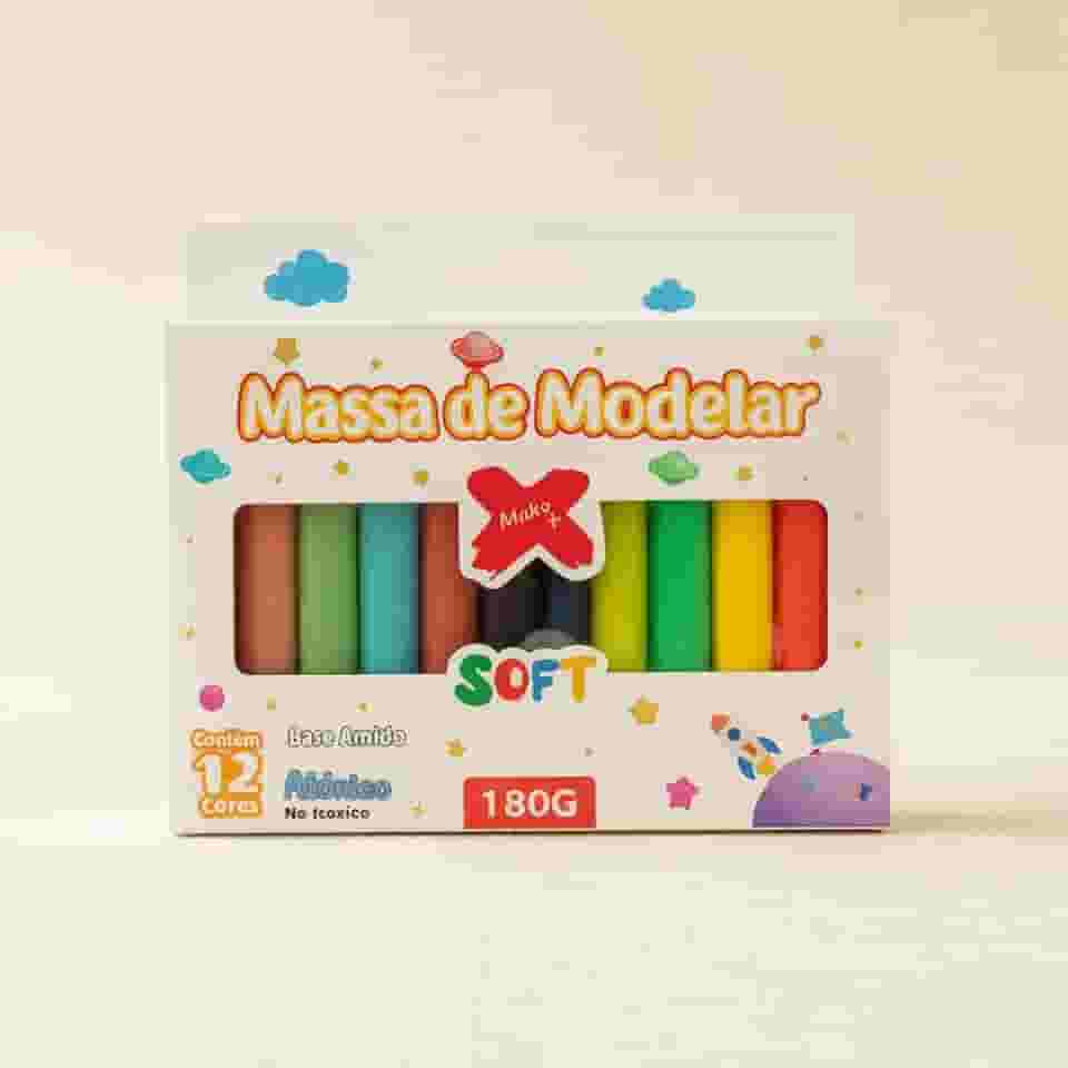 Massinha de Modelar Soft, 12 Cores Sortidas, Base de Amido, Atóxica, 180g, Textura Macia, para Crianças a Partir de 3 Anos