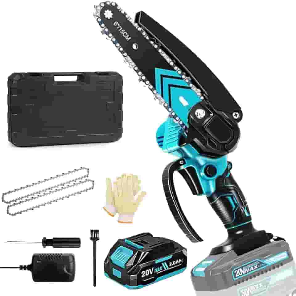 6 Polegadas Mini Motosserra a Bateria, 110-220V, Serra Eletrica Portatil motosserra a bateria, Motoserra Com Trava de Segurança, para Poda de Galhos, Corte de Madeira, 1 Bateria