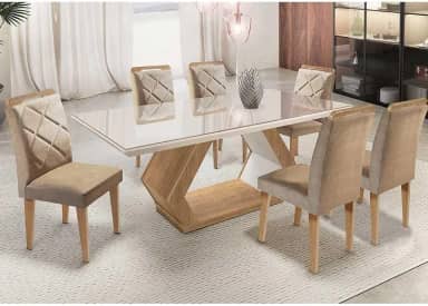Mesa Alvorada 180 Tp Mdf Vidro canto Reto 6 Cadeiras Rufato