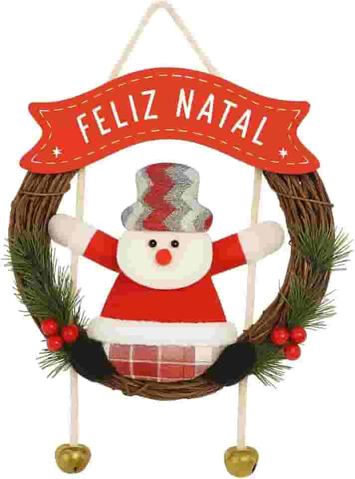 Guirlanda Natalina Decorativa, Feliz Natal, enfeite de boneco de Neve em Tecido, Rústica com Galhos, Vermelho e Branco, com Sinos Dourados.