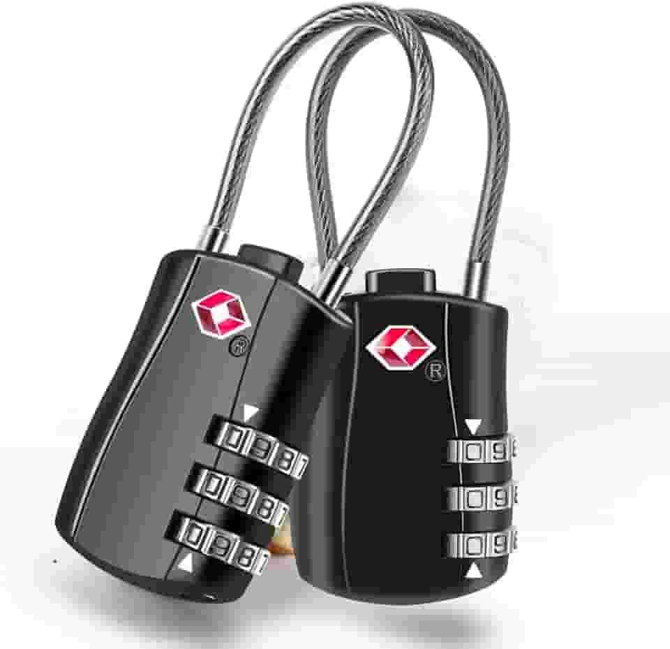 Pacote com 2 cadeados de bagagem aprovados pela TSA, cadeado de cabo de viagem combinado, cadeado impermeável de 3 dígitos, bloqueio reinicializável sem chave aceito pela TSA para armários, bolsas