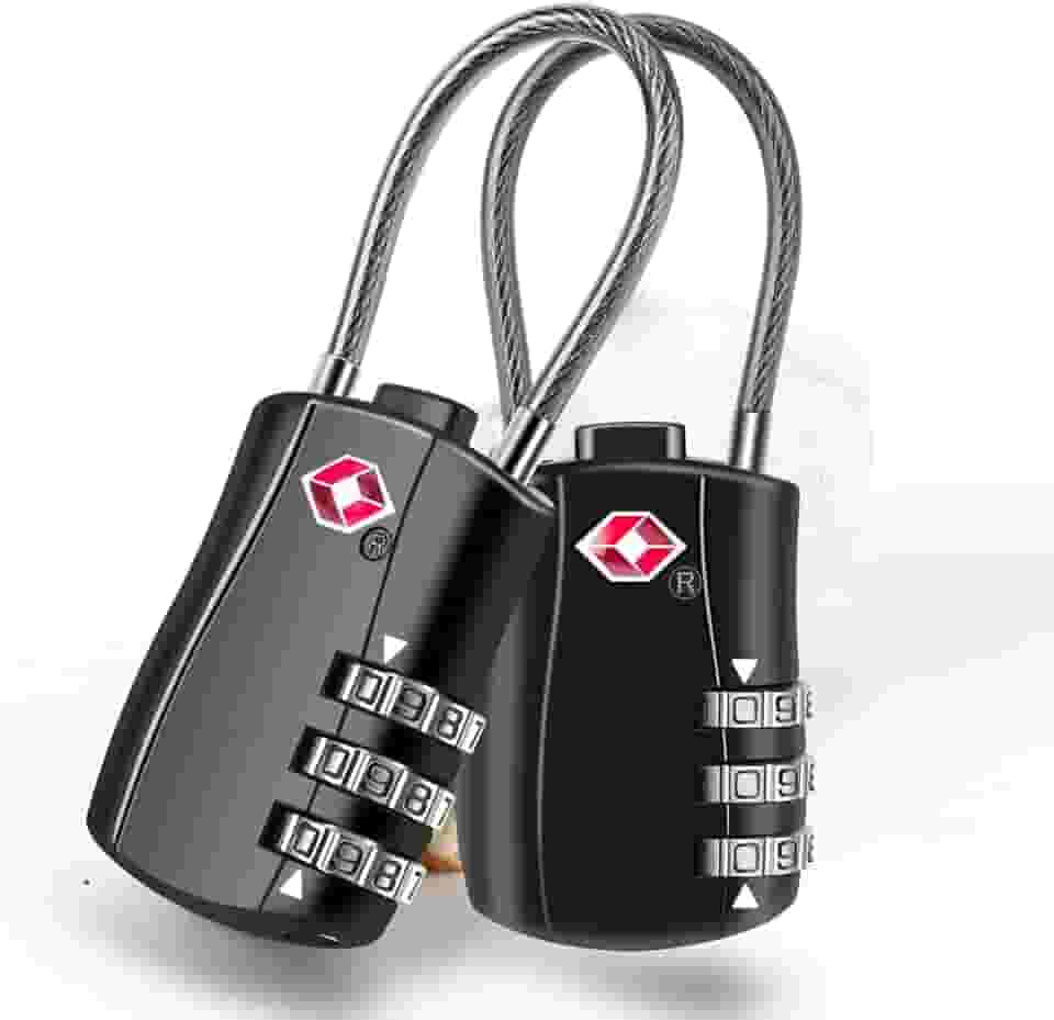 Pacote com 2 cadeados de bagagem aprovados pela TSA, cadeado de cabo de viagem combinado, cadeado impermeável de 3 dígitos, bloqueio reinicializável sem chave aceito pela TSA para armários, bolsas