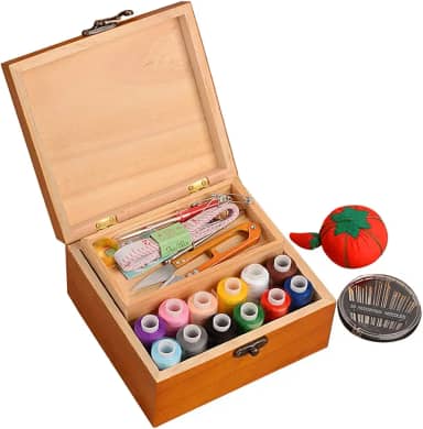 Kit de costura de madeira portátil da Olizee, conjunto de caixa organizadora para viagens em casa, com fios/agulhas/fita métrica/tesouras/dedão e outros acessórios