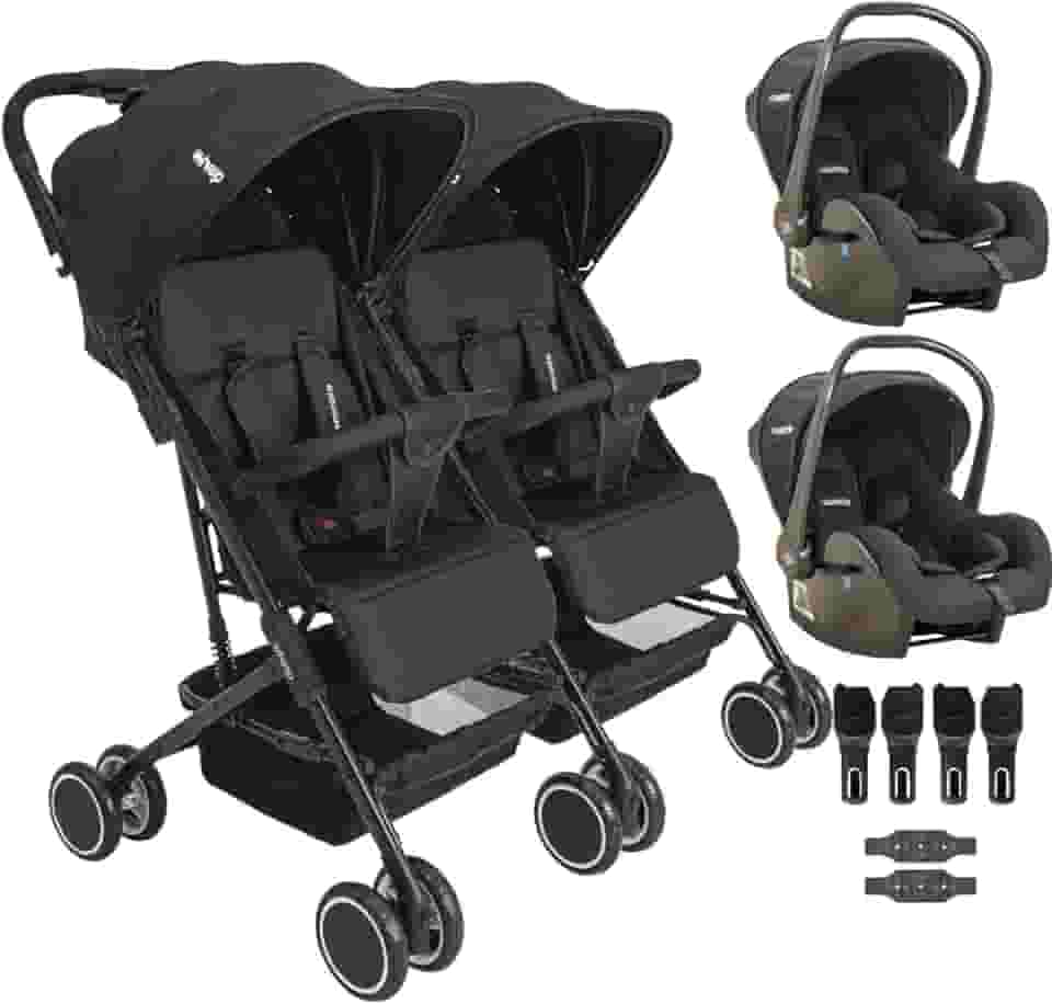 Carrinho Kiddo para Gemeos com 2 Bebe Conforto Mascote Preto