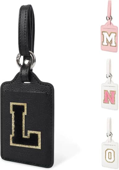 Etiqueta de bagagem com letra inicial personalizada para malas aprovada pela TSA, Couro preto, letra preta, L, Decorativo