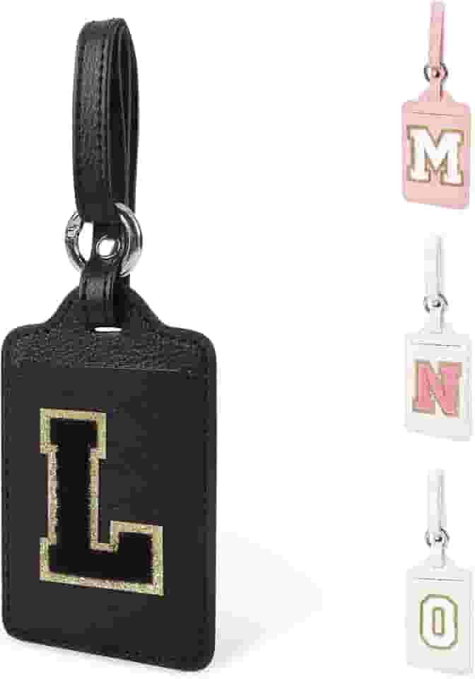 Etiqueta de bagagem com letra inicial personalizada para malas aprovada pela TSA, Couro preto, letra preta, L, Decorativo