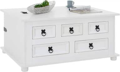 IDIMEX Mesa Centro Madeira Baú Organizador 5 Gavetas Rústico Branco Tequila