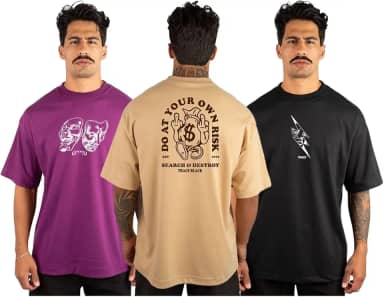 Kit 3 Camiseta Oversized Masculina Streetwear Trace Black Básica Academia 100% Algodão Premium 30.1 Penteado REF 01