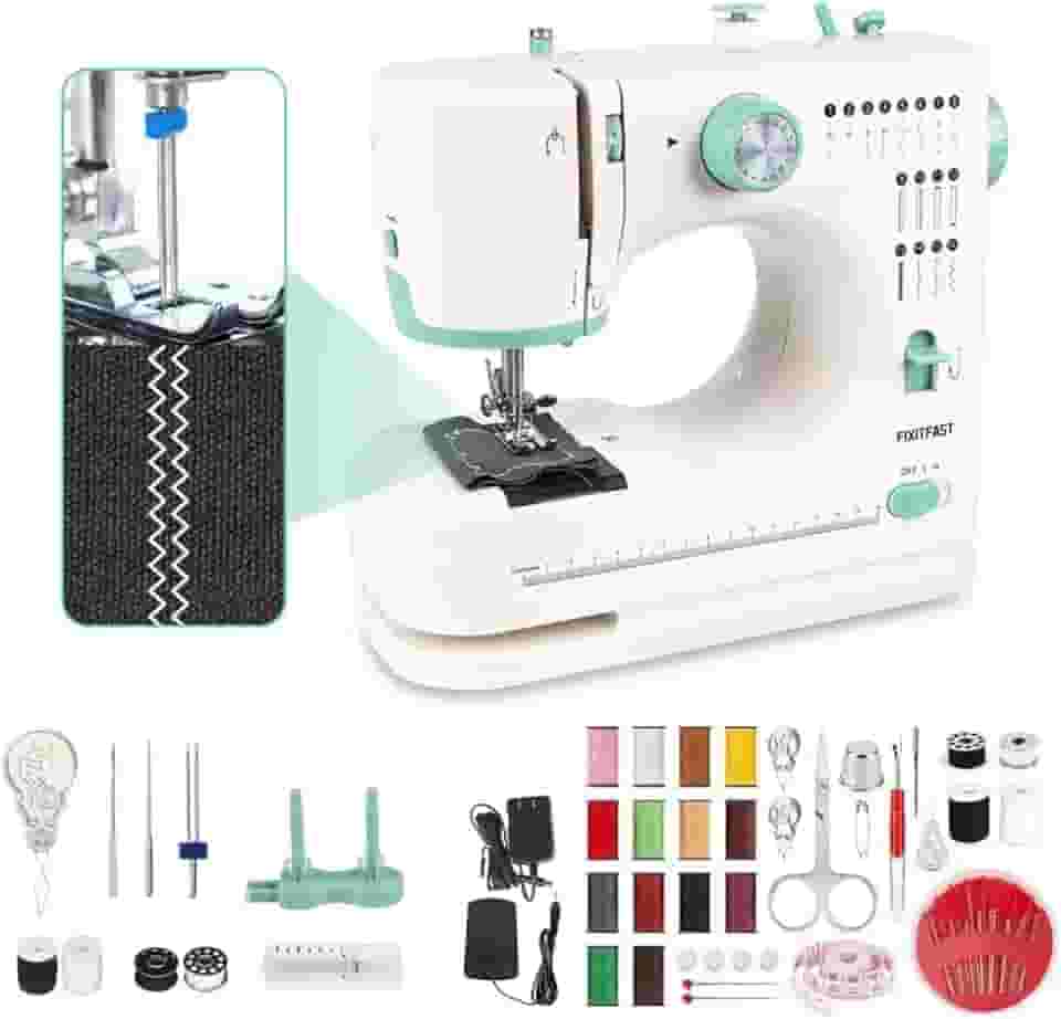 FINYQBET Mini Máquina de Costura Dual-Speed, 16 Modos de Costura, Agulha Dupla, Máquina de Costura Portátil, Para Iniciantes e Profissionais, Ideal para Reparos, Artesanato e Projetos DIY(100-240V)