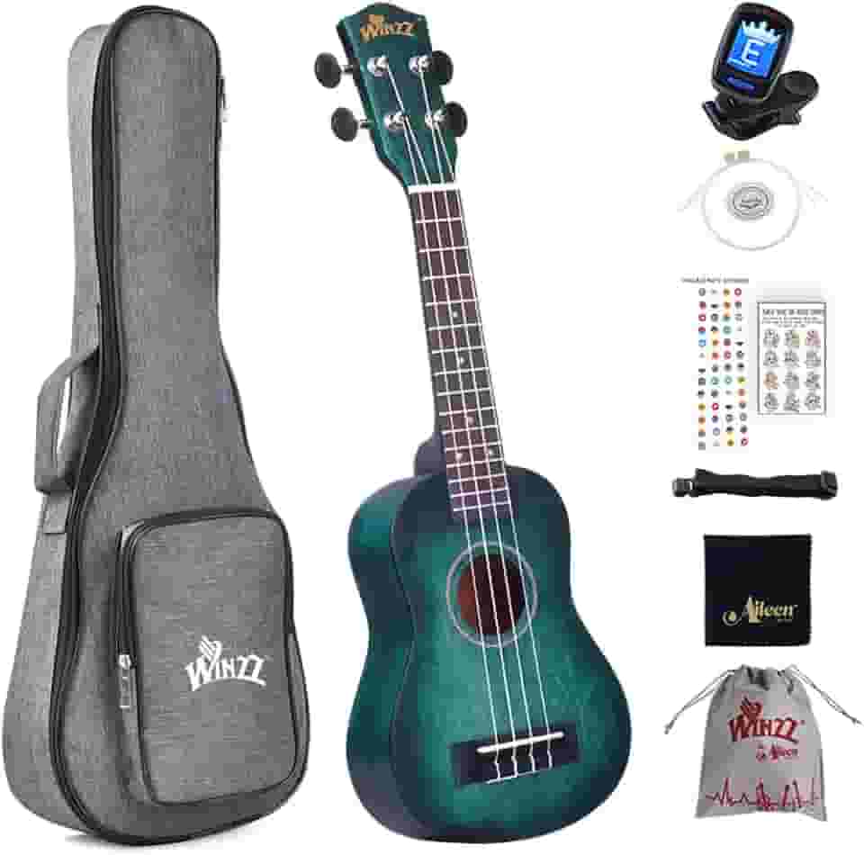 Winzz Kit para iniciantes ukulele soprano para crianças e adultos, conjunto de ukulele de 53 cm azul-verde com 8 acessórios, design de cor exclusivo