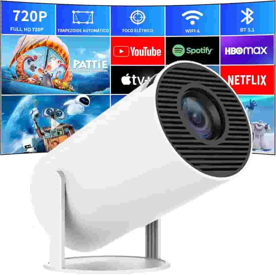 Mini Projetor Portátil HY300 Full HD 4K Controle Bluetooth 5.1 Android 13 Wi-Fi 6 160 ANSI Lumens Alto-Falante 5W Ajuste Automático Trapézio e Suporte Giratório 180° Leve para Quarto/Sala/Externas