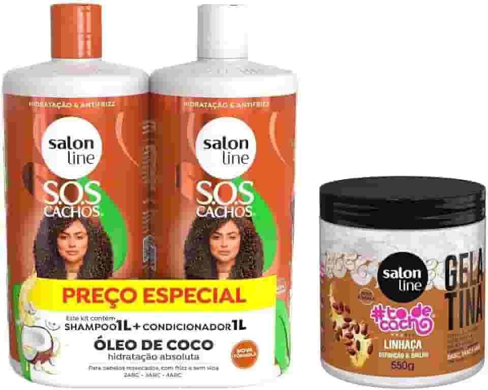Salon Line, Kit Shampoo e Condicionador S.O.S Cachos + Gelatina Capilar #TodeCacho, Veganos - Para Cabelos Ondulados, Cacheados e Crespos, 550 g e 1 L