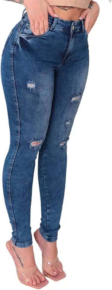 Calça Feminina Jeans Rasgada Pala Coração Dupla Empina Bumbum com Elastano (BR, Numérico, 44, Regular, Regular, Azul)