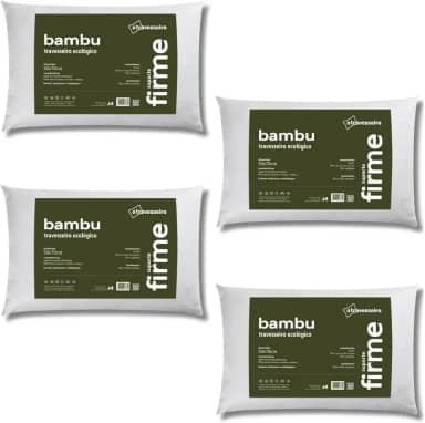 Kit 4 Travesseiros Fibra de Bambu 50x70cm Antialérgico, Alto e Firme, Fibra de Poliéster Siliconada, Malha 100% Algodão, Lavável, Branco
