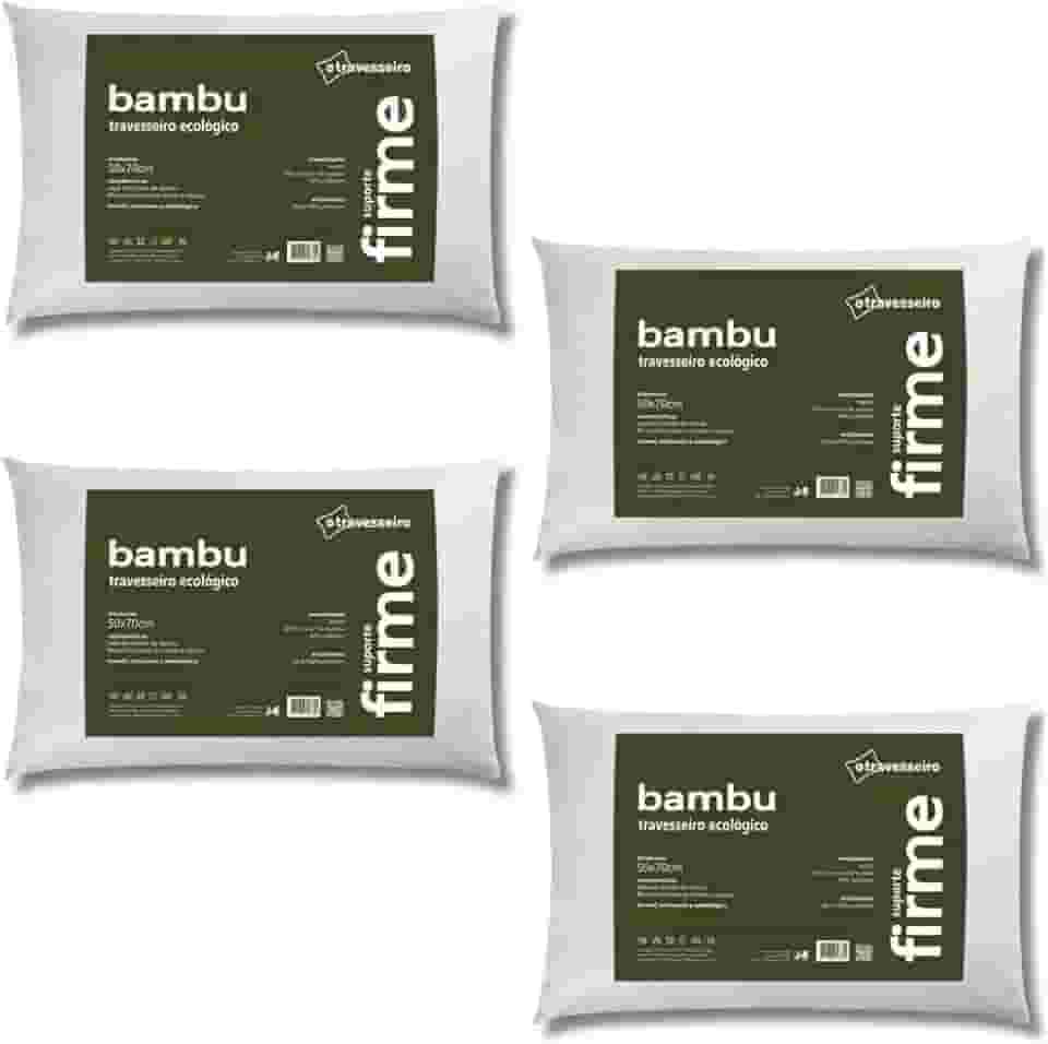 Kit 4 Travesseiros Fibra de Bambu 50x70cm Antialérgico, Alto e Firme, Fibra de Poliéster Siliconada, Malha 100% Algodão, Lavável, Branco