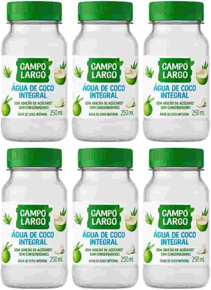 Água de Coco Integral Campo Largo 250ml – Kit com 6 Unidades | 100% Natural | Sem Conservantes | Hidratação e Reposição de Eletrólitos