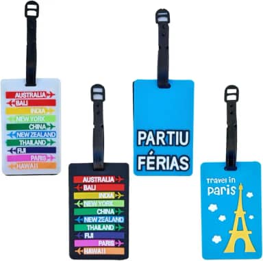 Kit 4 Tag de Bagagem Identificador de Mala de Viagem Férias Avião Etiqueta de Silicone Premium (DEST. BRANCA + DEST. PRETA + PARTIU FÉRIAS + PARIS, TAG)