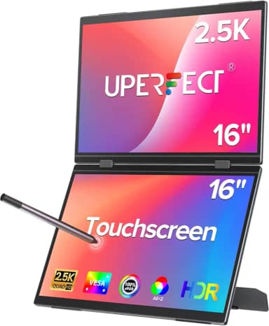 UPERFECT Monitor portátil Delta Pro Touch, extensor de tela de laptop 2K de 16 polegadas, monitor duplo sensível ao toque com caneta, tela dupla vertical dobrável empilhada com suporte