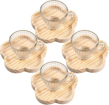 Jogo 4 Xicara Cafe 90ml + 4 Pires Madeira Premium Mesa Posta