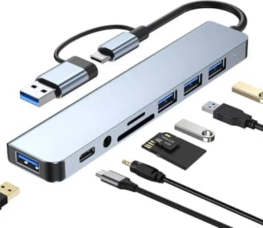 Hub USB-C 8 em 1, Adaptador Multifuncional com 3 Portas USB, Leitor de Cartão SD/TF, Entrada de Áudio 3.5mm, Compatível com MacBook, Windows, Linux, Design em Alumínio