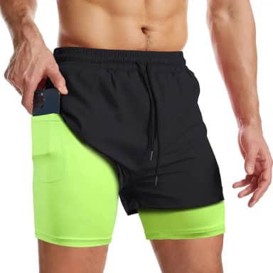 Shorts de corrida masculino 2 em 1, shorts esportivos de secagem rápida com forro, shorts de treino com bolsos com zíper e alça de toalha