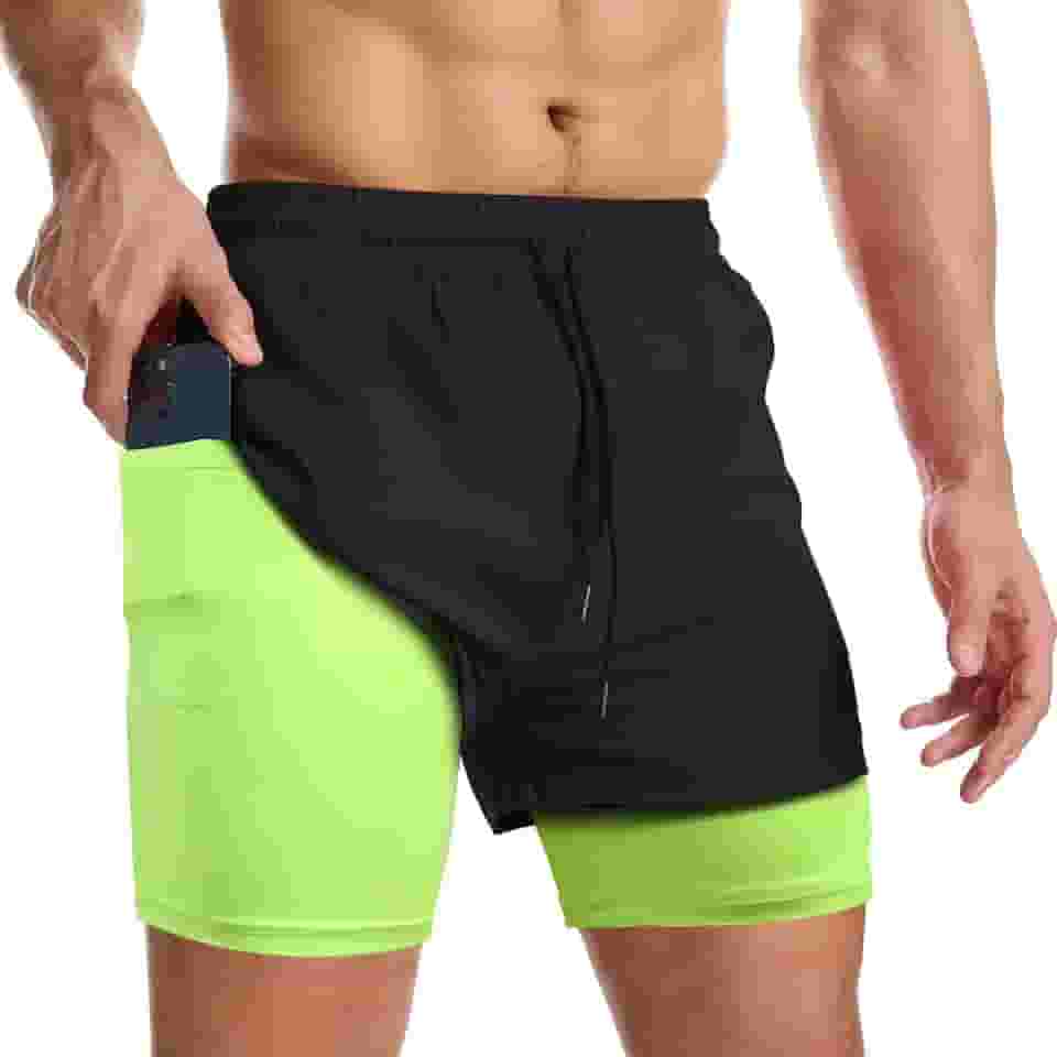 Shorts de corrida masculino 2 em 1, shorts esportivos de secagem rápida com forro, shorts de treino com bolsos com zíper e alça de toalha