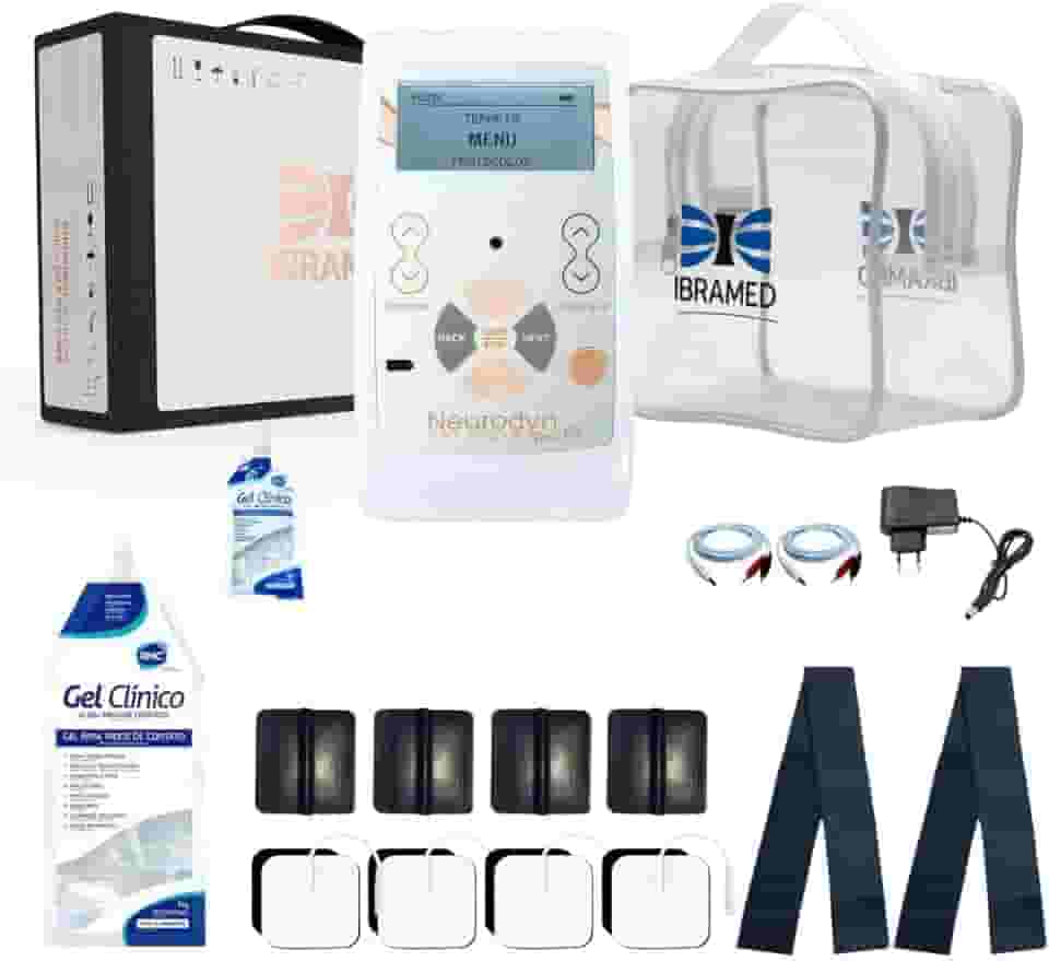 Neurodyn Portátil Ibramed – Aparelho de Eletroestimulação TENS e FES – 2 Canais Bivolt + Kit com Gel, Eletrodos, Faixa Elástica e Maleta de Transporte