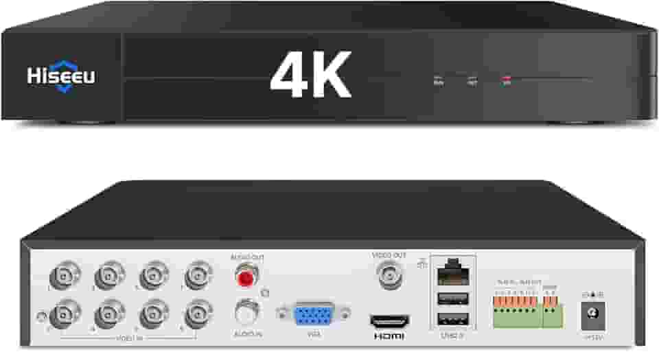 Hiseeu Gravador de vídeo digital de segurança 4K 8 canais H.265+ DVR avançado de 8 MP DVR com detecção de veículo para câmera de segurança CCTV, AHD/TVI/CVI/CVBS/IPC, acesso remoto, sem taxa mensal