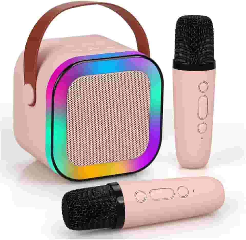 Caixinha de Som 2 Microfone Karaoke Portátil Infantil com Caixa de Som Bluetooth, Luzes LED Dinâmicas, 2 Microfones Sem Fio, Ideal para Festas, Crianças e Adultos (Rosa, 2 Microfones)