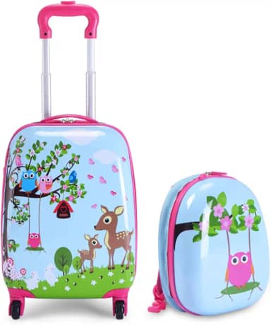 Conjunto de 2 peças de bagagem de mão, mochila de 30,5 cm e mala com rodinhas de 40,6 cm, mala rígida infantil com 4 rodas giratórias, carrinho de viagem fofo com estampa de desenho animado, presente