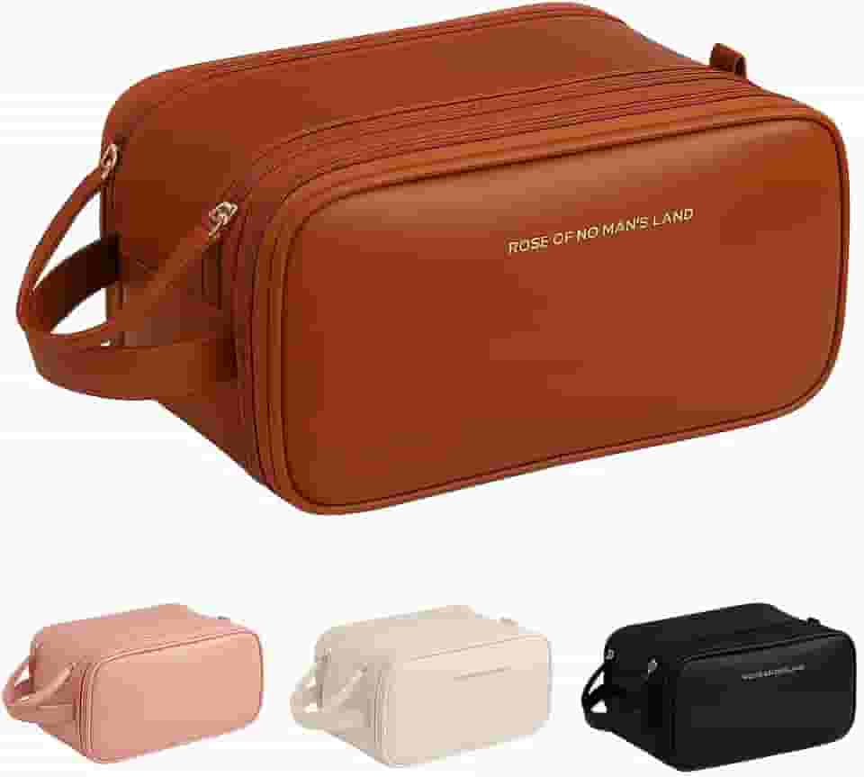 Necessaire Bolsa Organizadora de Maquiagem Couro Sintético Grande Capacidade com Duas Camadas, Alça Lateral, Divisórias Internas e Suporte para Pincéis – Ideal para Viagem (Marrom)
