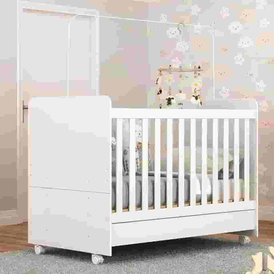 Berço Americano 3 em 1 com Colchão Incluso e Rodízios Bambino Multimóveis Branco