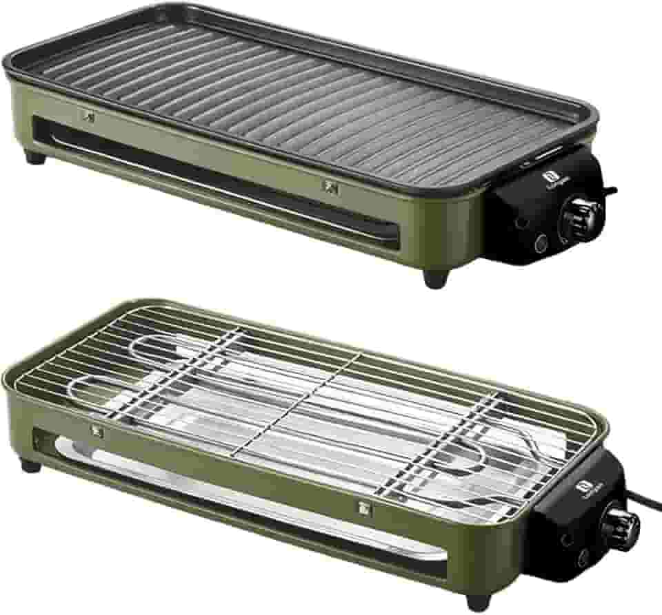 Versátil Churrasqueira Elétrica Portátil 127V Verde Ferro Inox 1500W Alta Potência Desmontável Fácil Limpeza Pouca Fumaça Controle de Temperatura Ótimo Para Casa e Acampamento