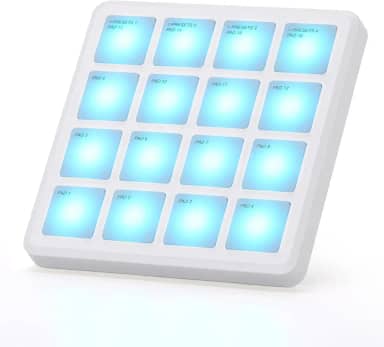 M-VAVE Pads controladores MIDI sem fio, 4,1 * 4,1 polegadas, 0,28 LBS, controlador MIDI USB portátil Bluetooth com 16 pads de bateria MPC, repetição de notas, botões nível recarregável (bolso branco)