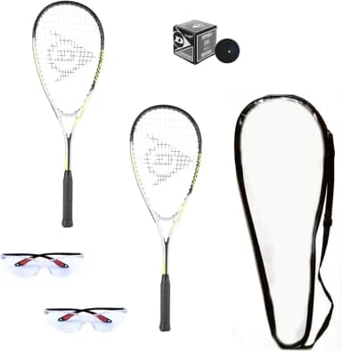 Dunlop Sports Conjunto de raquete de squash para iniciantes (inclui 2 raquetes, 2 protetores oculares, 1 bola, capa)