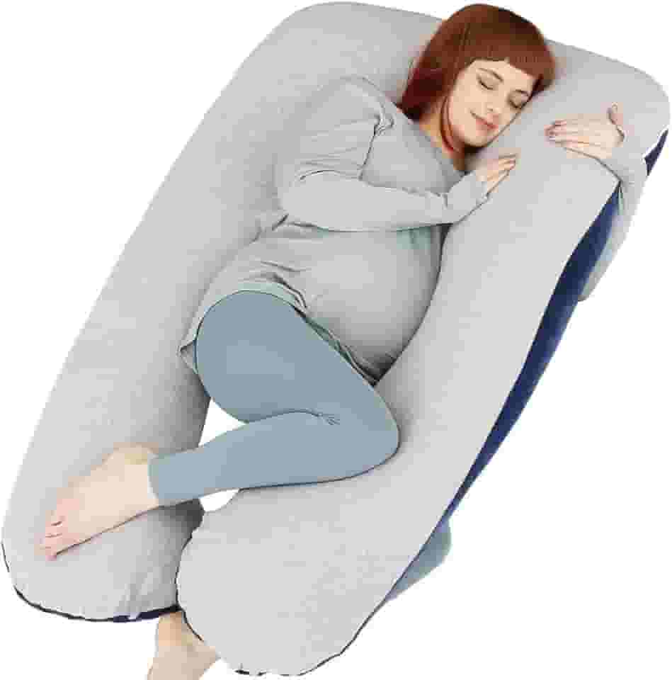 Almofada de gravidez em forma de U da Moon Pine, almofada de corpo inteiro para gestantes, suporte de pernas e barriga, almofada de dormir para mulheres grávidas e pessoas de sono lateral com capa removível, Blue&grey-velvet&jersey, 55 Inch