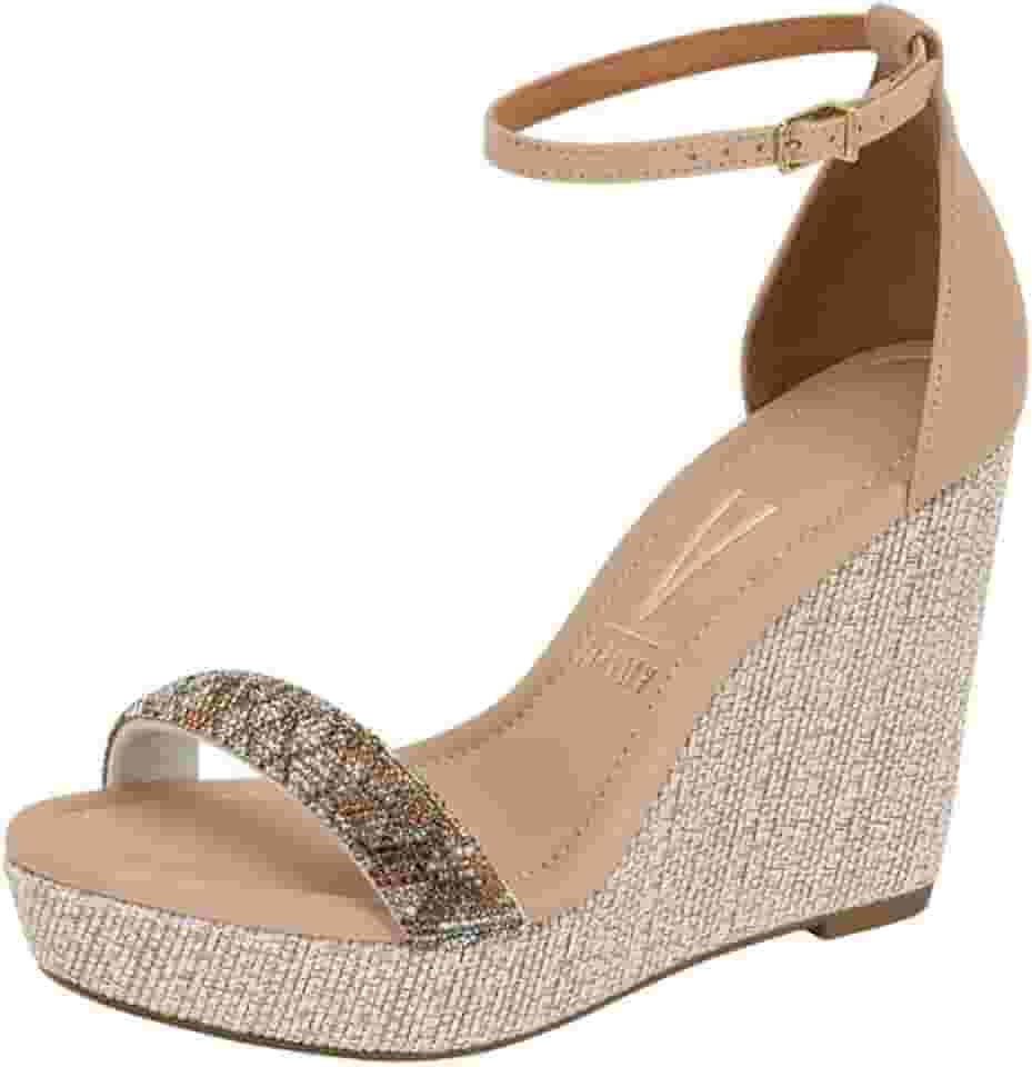 Sandália Feminina Anabela Alta Tira Strass Conforto Vizzano