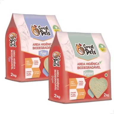 KIT 2 Areias Para Gatos Biodegradavel Mandioca Milho Fina Grossa 4kg (FINA + GROSSA)