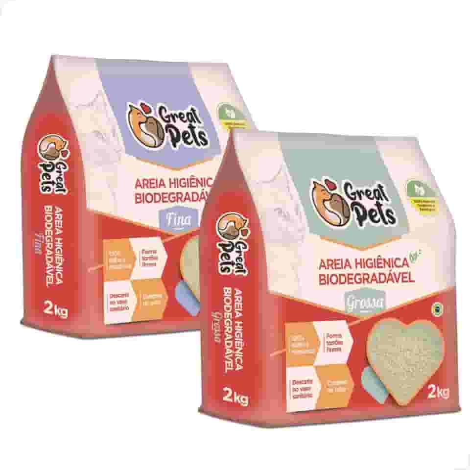 KIT 2 Areias Para Gatos Biodegradavel Mandioca Milho Fina Grossa 4kg (FINA + GROSSA)