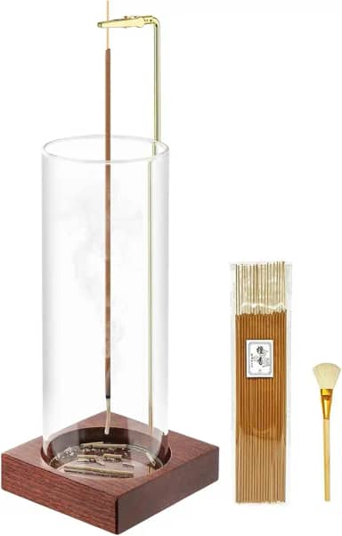 MACUSOO Suporte de incenso, suporte de incenso de madeira para palitos com 20 bastões de incenso, queimador de incenso anticinzas com apanhador de cinzas de vidro para meditação, ioga, spa, presente