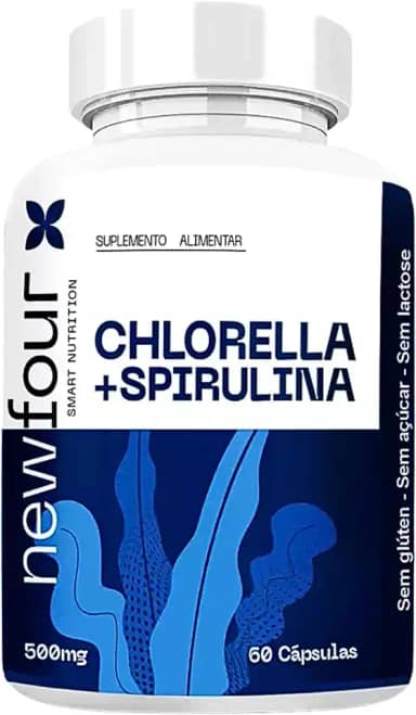 Chlorella + Spirulina NewFour 500mg – Suplemento de Algas Verdes para Energia, Imunidade e Bem-Estar – 60 Cápsulas – Proteína Vegetal, Rica em Antioxidantes – Sem Glúten, Açúcar ou Lactose