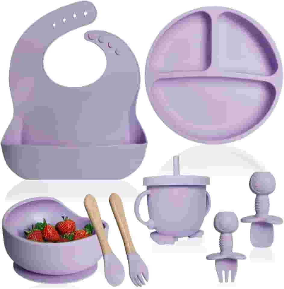 Kit Introdução Alimentar Bebê 8 Peças – Silicone Alimentar Premium Atóxico Livre de BPA – Prato com Ventosa, Bowl, Babador Coletor, Copo Antivazamento, Talheres BLW Seguros (Lilás)