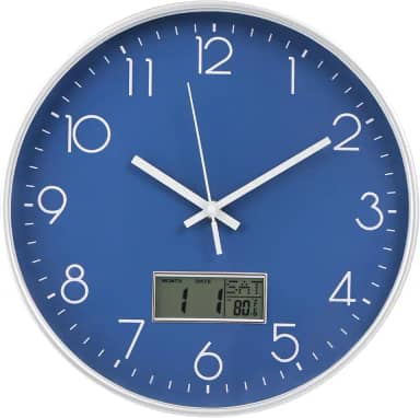 BAKBRAND Relógio de parede com visor LCD sem tique-taque silencioso movimento de quartzo decoração relógio com calendário perpétuo e temperatura estilo moderno relógios de parede redondos para