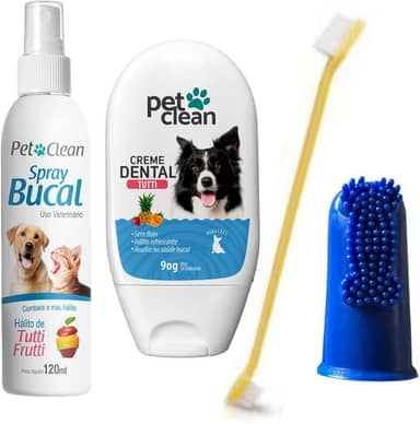 kIT Creme Dental Tutti Frutti e Spray Tutti Frutti Pet Clean Acompanha Dedeira Flexível e Escova Dupla cores sortidas para Cachorros