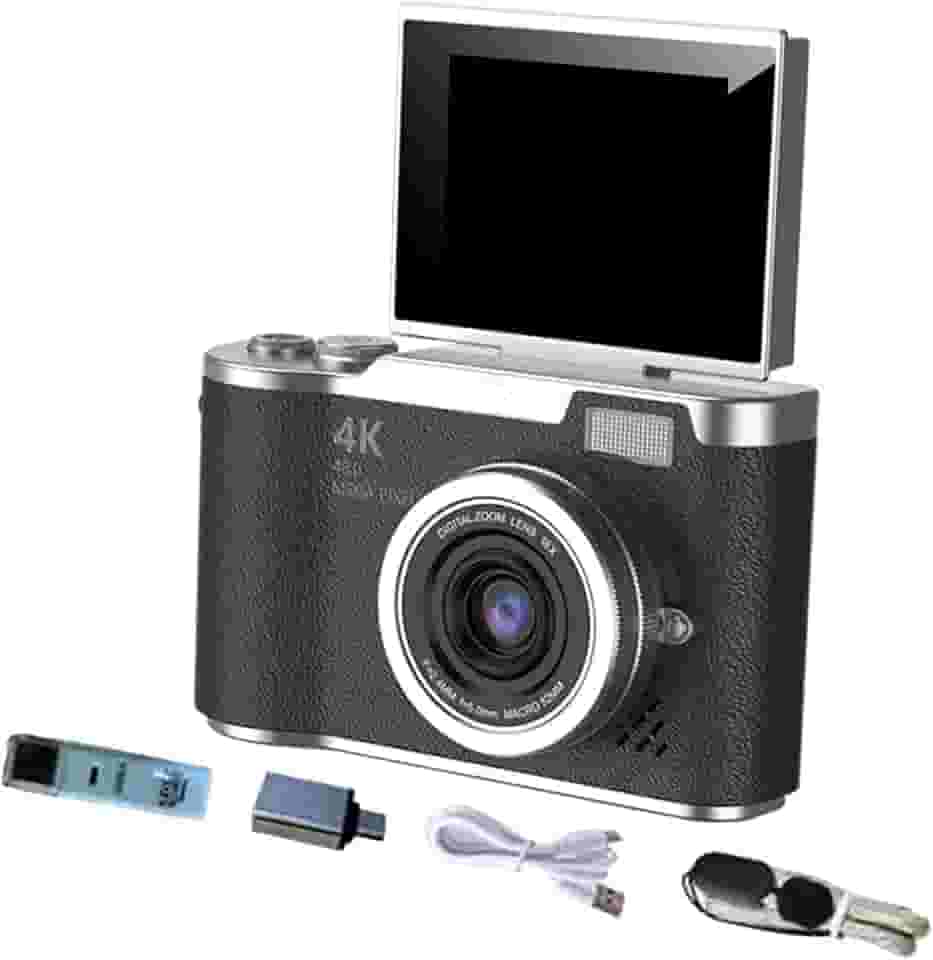 NonMiFyR Câmera digital 4K com tela flip de 180°, tela de 2,4 polegadas, câmera CCD de 48 MP, digital de 8x para iniciantes e adultos, presente de, Preto