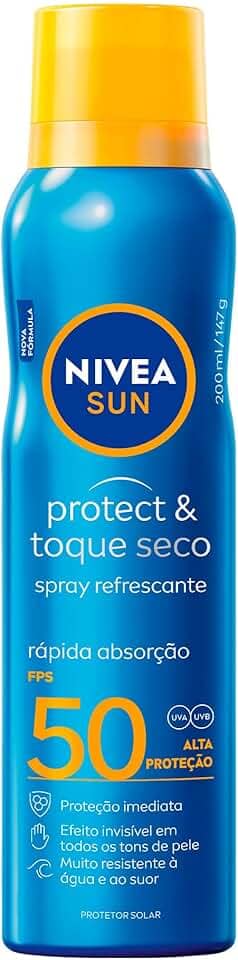 NIVEA SUN Protetor Solar Spray Protect & Toque Seco FPS 50 200ml - FPS 50, sensação refrescante na pele, rápida absorção, não oleoso, alta proteção UVA/UVB, muito resistente à água, embalagem spray