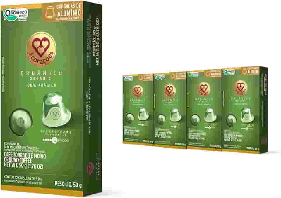 3 Corações Pack Cápsulas de Café Orgânico, Compatíveis com Nespresso, contém 40 un